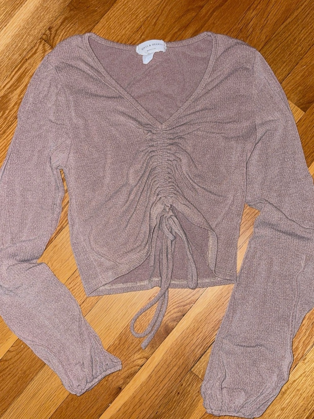 Knit Ruched Drawstring Long Sleeve Top - Beige
